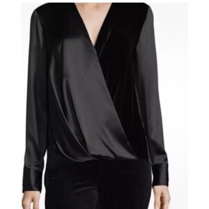 Rag & Bone Victor Surplice - neck long sleeve black silk & velvet blouse medium